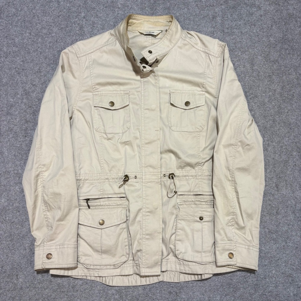 LL Bean Womens Khaki Tan Utility Field Jacket Multi Pocket Drawstring Waist L